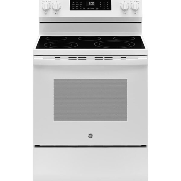 GE 5.3 Cu. Ft. Freestanding Electric Convection Range Steam Cleaning EasyWash Tray White from Kings Outlet