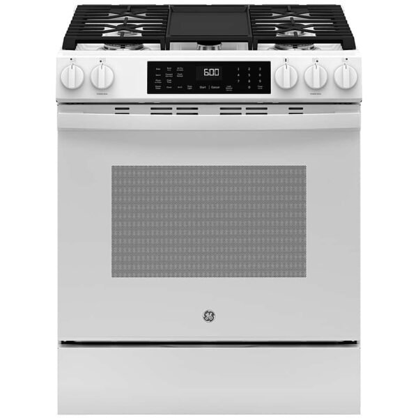 GE 5.3 Cu. Ft. Slide-In Gas Convection Range Steam Cleaning EasyWash Tray White from Kings Outlet